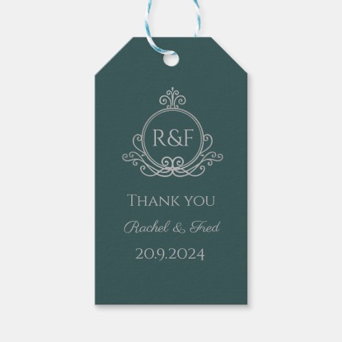 Green Elegant Silver Calligraphy Wedding Thank you Gift Tags