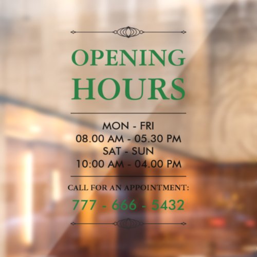 Green Elegant Small Business Opening Hours Number Window Cling