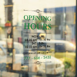Green Elegant Small Business Opening Hours Number Window Cling<br><div class="desc">Opening hours business decal in black and green for your store windows or store door with opening hours and phone number to make an appointment. All text is customizable. Framed with two elegant dividers,  one at the top and the other at the bottom.</div>