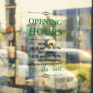 Green Elegant Small Business Opening Hours Number Window Cling