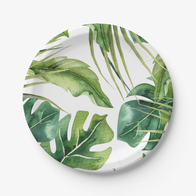 Green Elegant Tropical Summer Palm Leaves Wedding Paper Plates (Front)