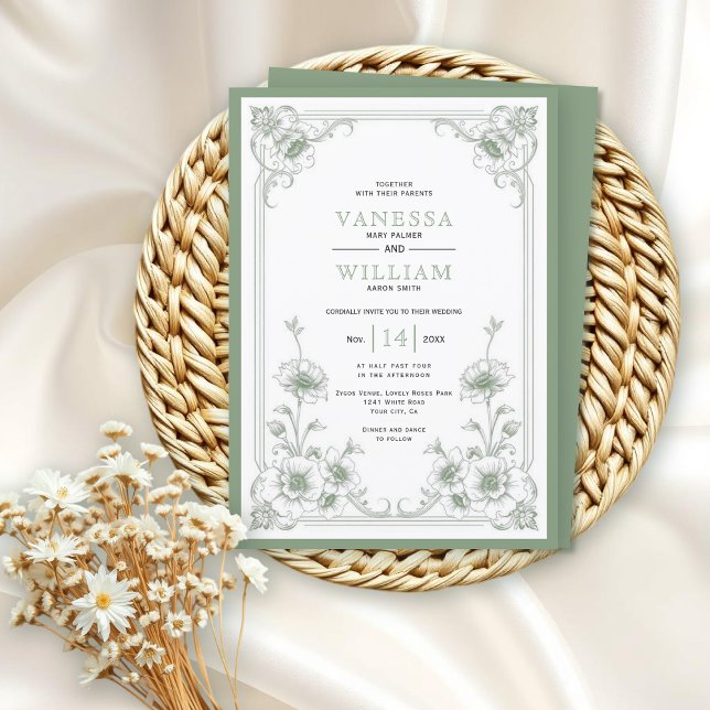 Green elegant vintage floral frame wedding invitation (Creator Uploaded)