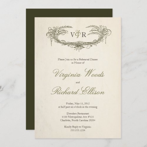 Green Elegant Vintage Flourish Rehearsal Dinner Invitation