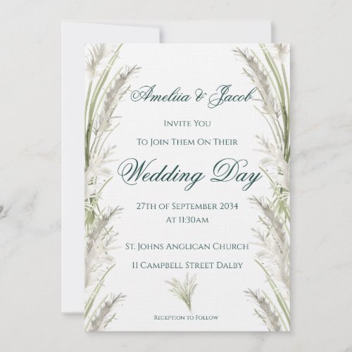 Green Elegant Watercolor Pampas Grass Wedding Invitation