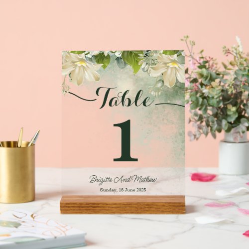 Green Elegant Wedding Table Number Card Acrylic Sign