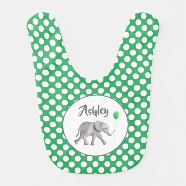 Green Elephant Baby Bib, Elephant with Balloon Baby Bib (Front)