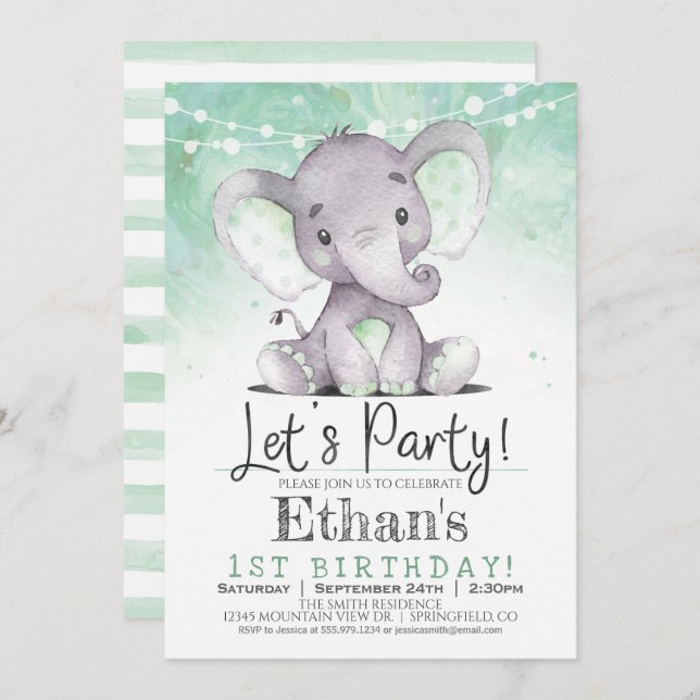 Green Elephant Birthday Party Invitation (Front/Back)