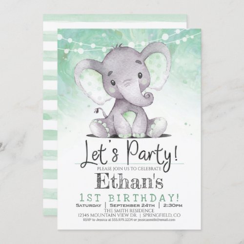 Green Elephant Birthday Party Invitation