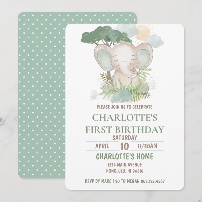 Green Elephant Birthday Party Invitation (Front/Back)