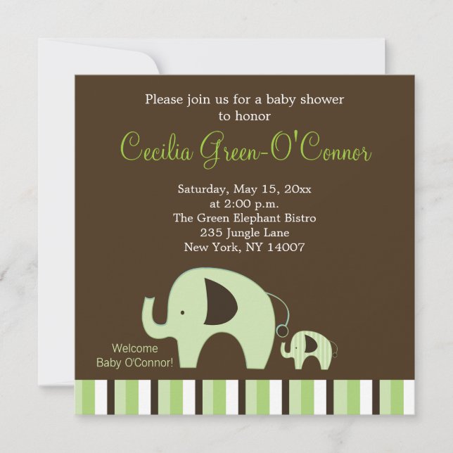 Green Elephant (Boy or Girl Neutral) 5x5 Invite (Front)