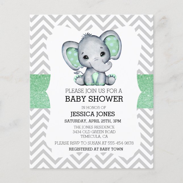 Green Elephant Chevron Glitter Baby Shower Invitat (Front)