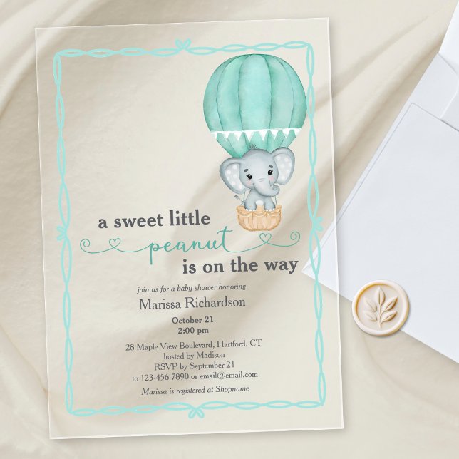 Green Elephant Gender Neutral Baby Shower Acrylic Invitations (sweet little peanut elephant hot air balloon gender neutral baby shower acrylic invitation)