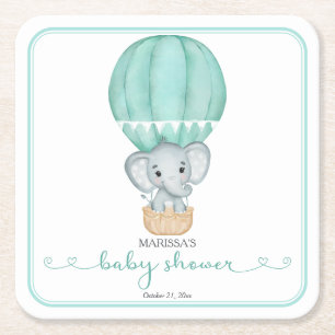 Green Elephant Gender Neutral Baby Shower Square Paper Coaster