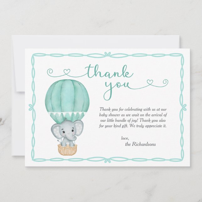 Green Elephant Gender Neutral Baby Shower Thank You Card (Front)