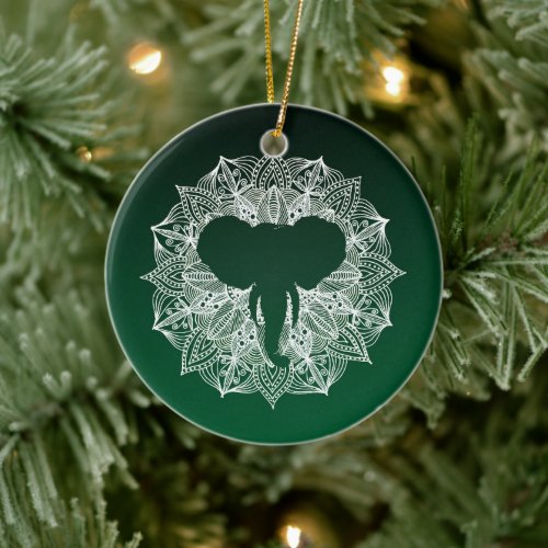 Green Elephant Mandala Circle Ceramic Ornament