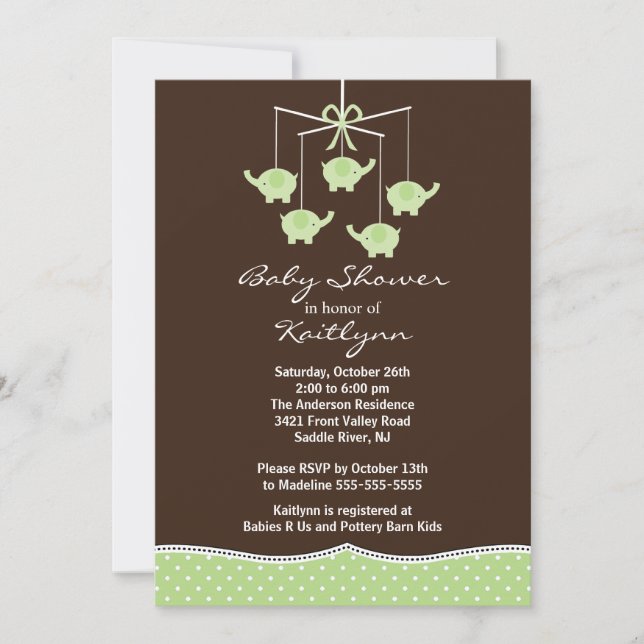 Green Elephant Mobile Baby Shower Invitation (Front)