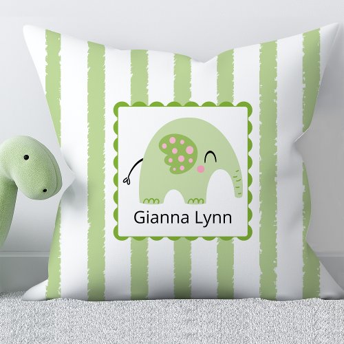 Green Elephant Monogram Baby Boy Girl Throw Pillow