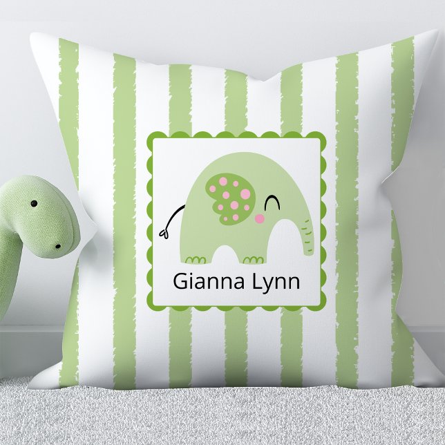 Green Elephant Monogram Baby Boy Girl Throw Pillow (Creator Uploaded)