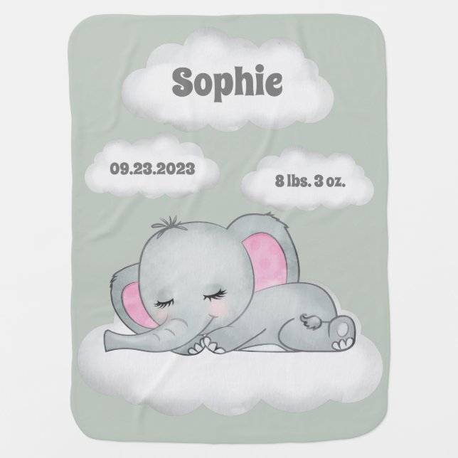 Green Elephant Name Birth Stats Keepsake Nursery Baby Blanket (Front)