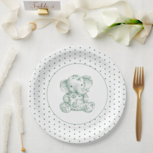 Green Elephant Polkadot Baby Shower Paper Plates