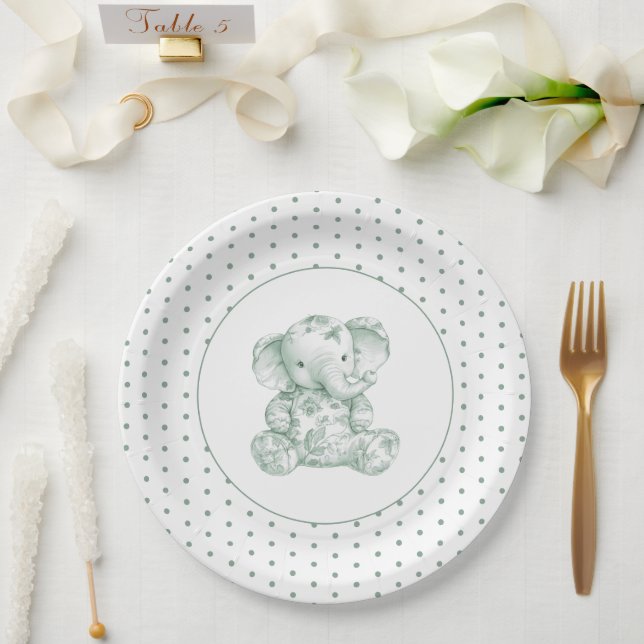 Green Elephant Polkadot Baby Shower Paper Plates (Wedding)