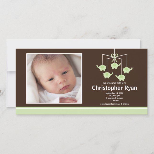 Green Elephants Baby Boy Birth Annoucement Announcement (Front)