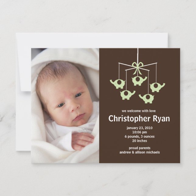 Green Elephants Baby Boy Birth Annoucement Invitation (Front)