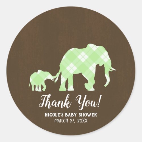 Green Elephants Brown Trendy Modern Baby Shower Classic Round Sticker