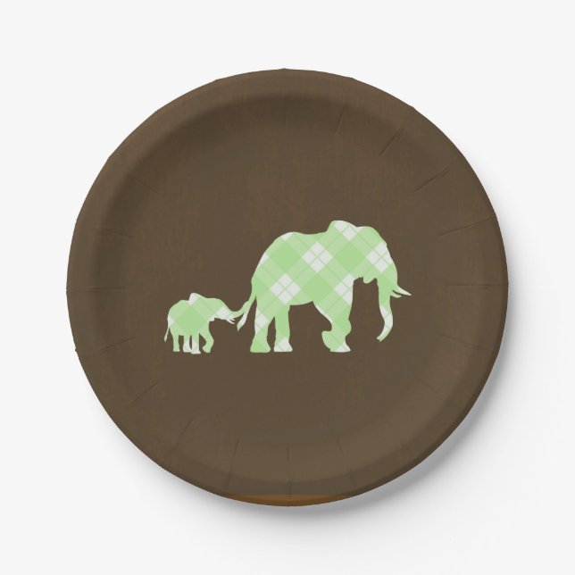 Green Elephants Brown Trendy Modern Baby Shower Paper Plates (Front)