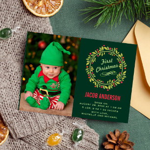Green Elf First Christmas Photo Birth Announcement