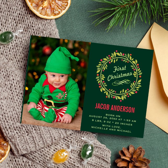 Green Elf First Christmas Photo Birth Announcement (Creator Uploaded)