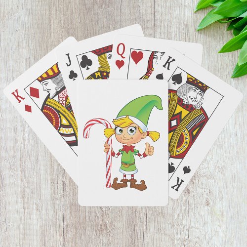 Green Elf Girl With Candy Cane Playing Cards