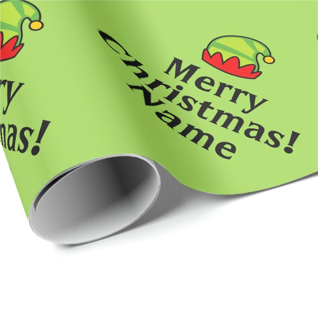 Green elf hat personalized Merry Christmas Wrapping Paper (Roll Corner)
