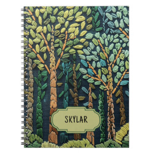Green Embroidered Trees Leaves Nature Forest Blue Notebook