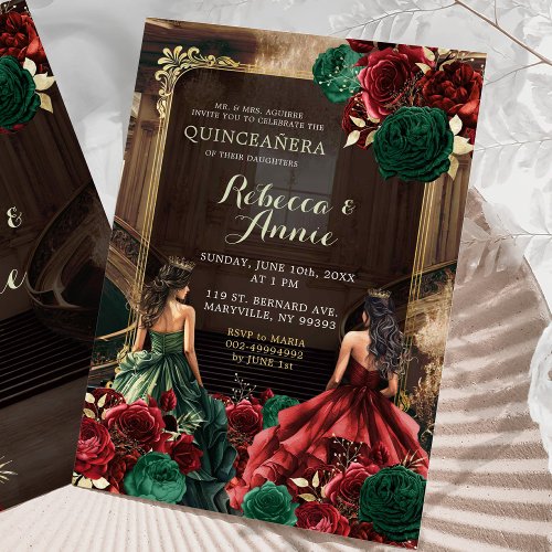 Green Emerald and Burgundy Red Floral Quinceaera Invitation