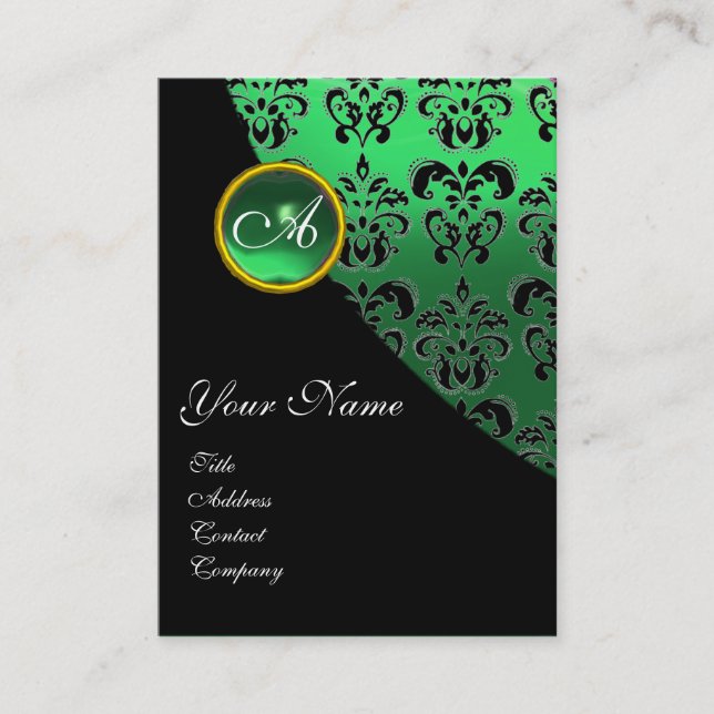 GREEN EMERALD DAMASK MONOGRAM BUSINESS CARD (Front)
