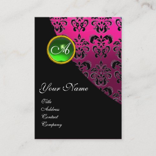 GREEN EMERALD DAMASK MONOGRAM pink fuchsia Business Card