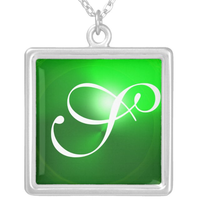 Green Emerald Gem  Monogram Silver Plated Necklace (Front)