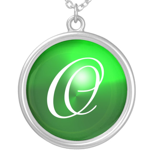 Green Emerald Gem  Monogram Silver Plated Necklace (Front)