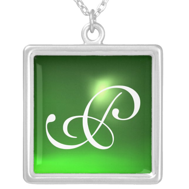 Green Emerald Gem  Monogram Silver Plated Necklace (Front)