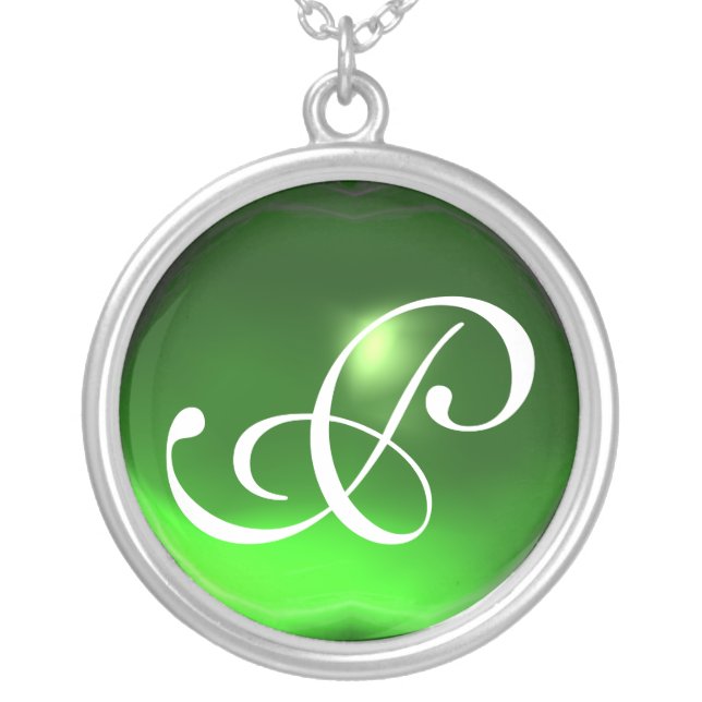 Green Emerald Gem  Monogram Silver Plated Necklace (Front)
