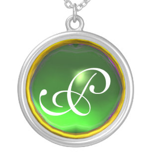 Green Emerald Gem  Monogram Silver Plated Necklace