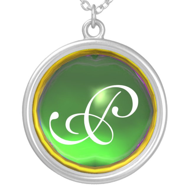 Green Emerald Gem  Monogram Silver Plated Necklace (Front)