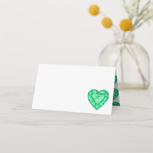 Green emerald heart watercolor guest place cards (Front)