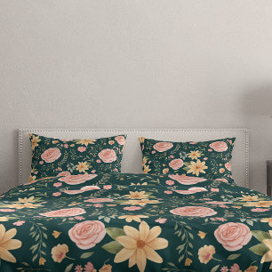 Green Emerald Vintage Wildflower Rose Pattern Pillow Case