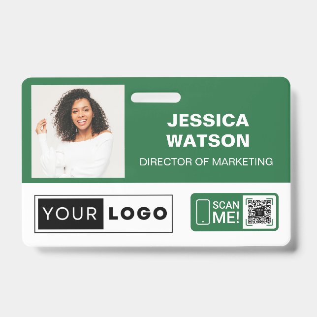 Green Employee Name Badge with Logo and QR Code (Front)