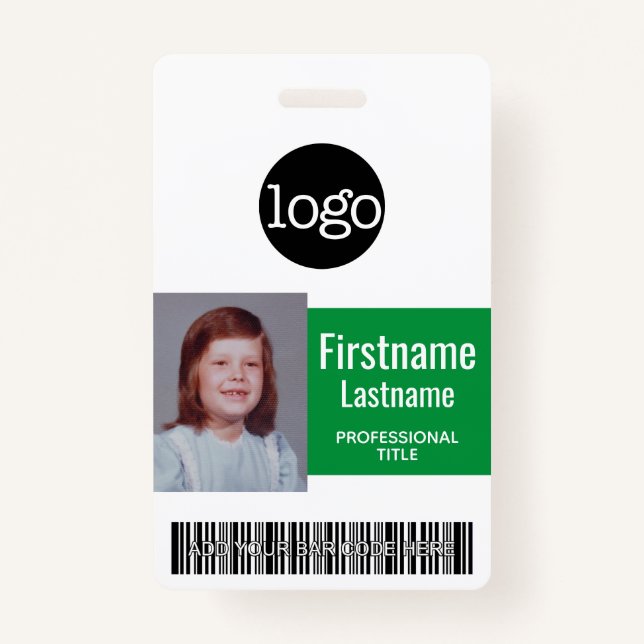 Green Employee - Photo, Bar Code, Logo, Name ID Badge (Front)