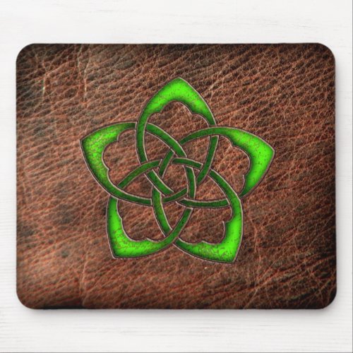 Green enameled celtic flower on leather mouse pad