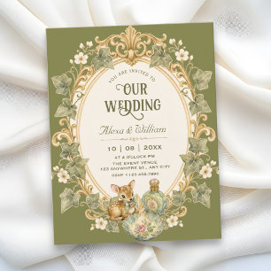 Green enchanted floral vintage wedding invitation