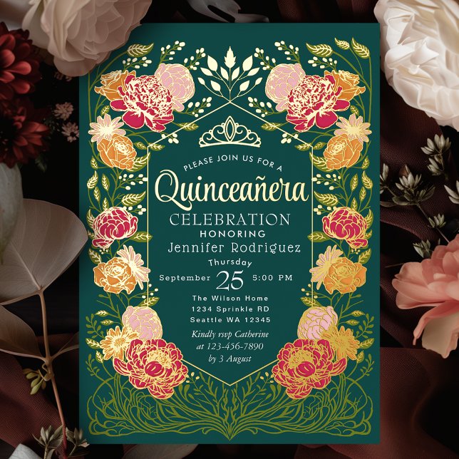 Green Enchanted Garden Floral Quinceanera Foil Invitation (Creator Uploaded)